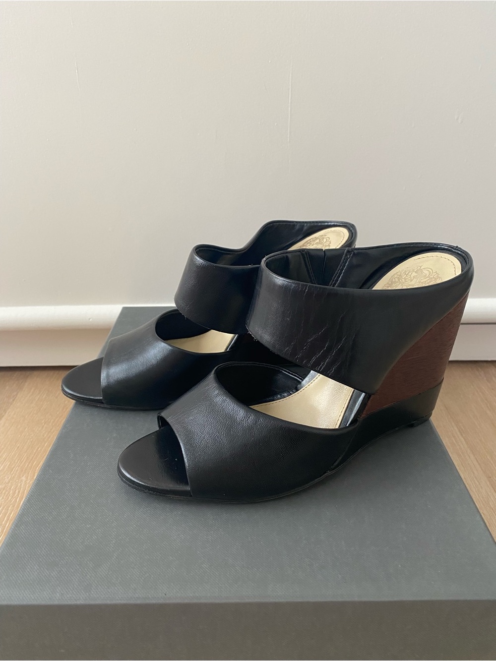 Vince Camuto Marilu Black Open-Toe Wedge Mules